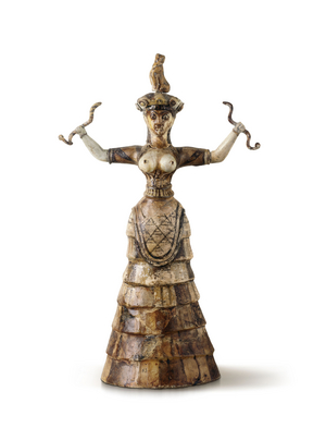 “Snake Goddess” figurine, -1650 (Painted faience)