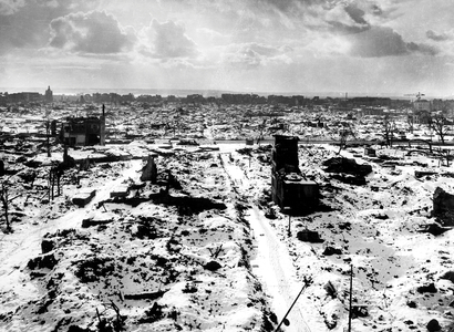 Ruins of the City Le Havre (Normandy France), under the snow during winter 1944-1945 after the Bombings (b/w photo)