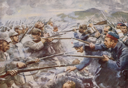 Belgians repelling a fierce German attack at Liege (colour litho)