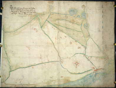 The platt of the Lowe Countrye att Calleys.
This is a map of Calais, France and the surrounding area from the sea. It was drawn in October 1545 by Thomas Petit.