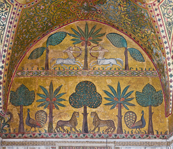 Palermo, The Royal Palace or Palazzo dei Normanni (Palace of the Normans), Pisana Tower, the King Roger Room: view of the Room, detail with centaurs, peacocks, leopards and palm and banana trees, Greek Byzantine style, XIII century