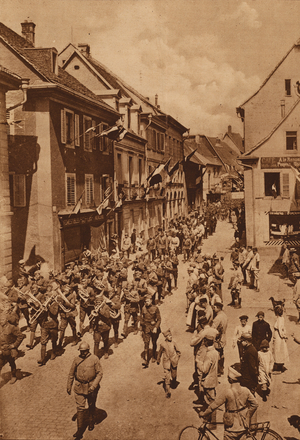 American troops marching through Masevaux, Alsace, France, World War I (b/w photo)
