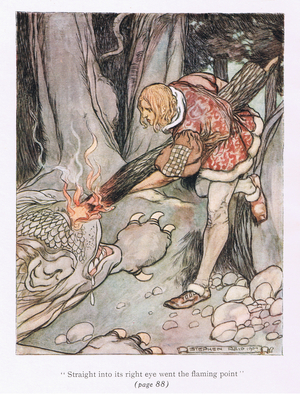 Straight into its right eye went the flaming point (colour litho)