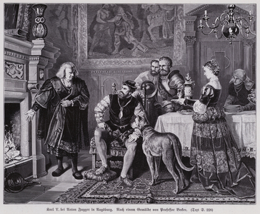 The Holy Roman Emperor Charles V visiting the German merchant Anton Fugger at his home in Augsburg, 1535 (engraving)