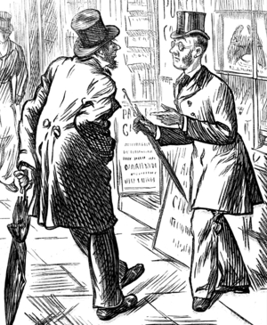 Two gentlemen speaking outside of a gin shop, 1850