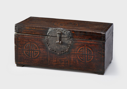 Wedding box (ham), mid-late 19th century (Wood, paper, and iron with an oil finish)