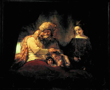 Jacob blessing his grandchildren Ephraim and Menassein the presence of their parents Joseph and Anasth (painting on canvas)
