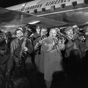 The Werner Mueller Orchestra arriving at Hamburg airport late in the evening, Germany 1950s