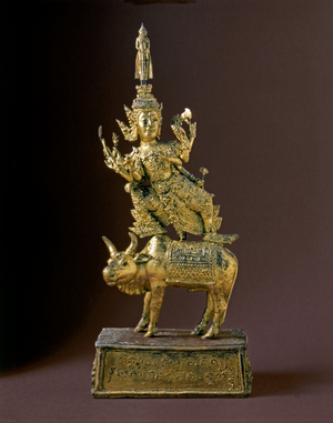 THAI ART: Buddha standing on Siva and Suparacha Bull. Bangkok Style., 19th century (brass)