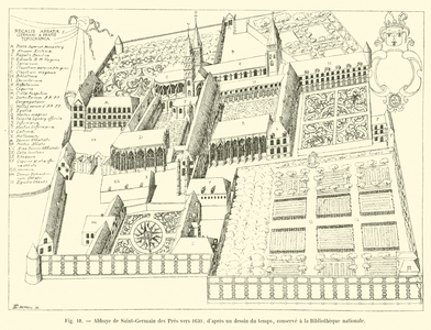Abbaye de Saint-Germain des Pres vers 1630, d'apres un dessin du temps, conserve a la Bibliotheque nationale (engraving)