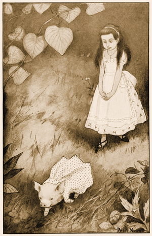 "So she set the little creature down", illustration for Lewis Carroll's Alice's Adventures in Wonderland, 1901 (litho)