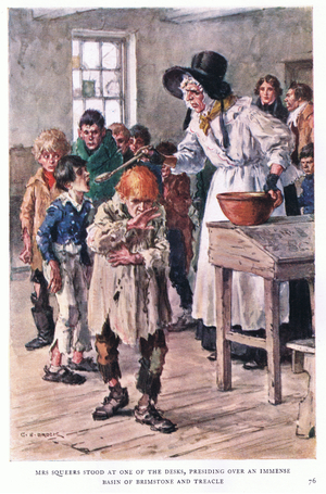 Mrs Squeers stood at one end of the desks, presiding over an immense basin of brimstone and treacle (colour litho)