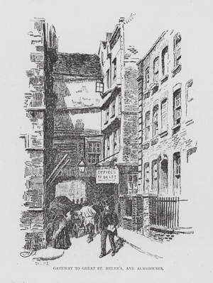 Gateway to Great St Helen's, and Almshouses (litho)