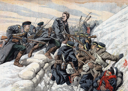 Russo-Japanese War 1904-1905: Russian attack on the Japanese trenches outside Port Arthur. From Le Petit Journal, Paris.