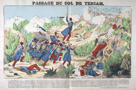 French conquest of Algeria. French troops fighting their way through the Teniah Pass, 12 May 1840. France Military Infantry Smallarms Rifle North Africa Colonialism. 