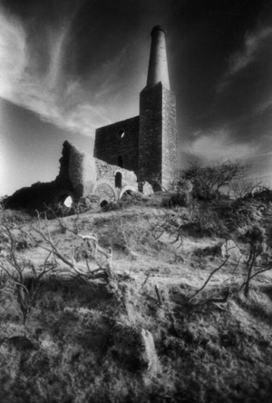 Disused Mine, Bodmin Moor, Cornwall, England (b/w photo)