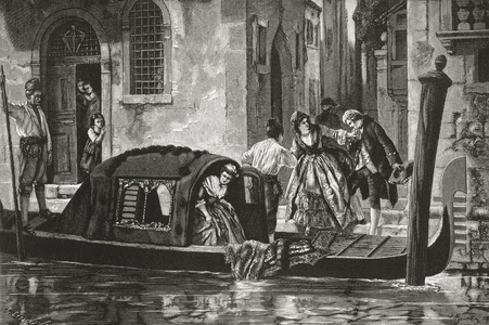 Passengers alighting from a gondola on the Grand Canal, Venice, Italy in the late 19th century.  From Italian Pictures by Rev. Samuel Manning, published c.1890.