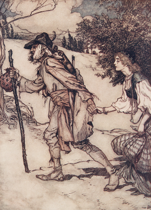 The Beggar took her by the hand and led her away from The Fairy Tales of the Brothers Grimm, pub. 1909 (colour litho)