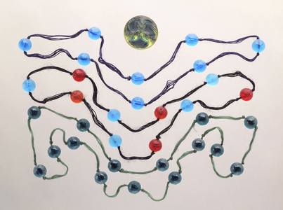 Three strands of coloured glass and a moulded frosted glass brooch ('Fish'; 'Poissons'),  (coloured glass beads and moulded frosted glass)