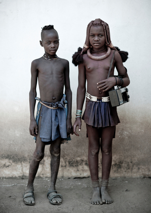 Himba Kids with an Audio Tape Recorder, Angola, Africa (photo)