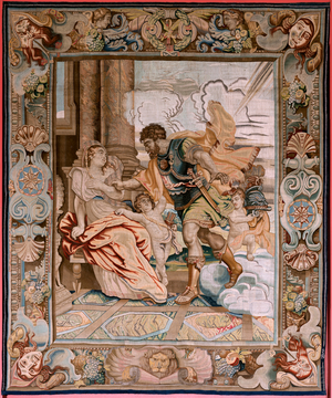 Flemish tapestry. Series History of the consul Decius Mus. Mars appears to Rhea Silvia (Aparición de Marte a Rea Silvia). Eighth tapestry in the series. Model P P Rubens. Manufacture Jan Raes II, Brussels. Ca1620-1629. Fabric Gold, silver, silk and wool.