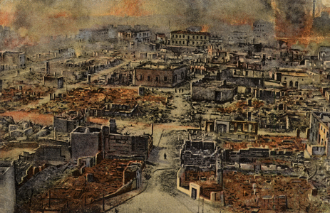 View of the burned district of Salonika, Greece, World War I, 1917 (coloured photo)