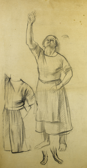 The artists wife picking apples, study for The Four Seasons, mural at Myton, Warwick, 1958 (black chalk and pencil on paper)