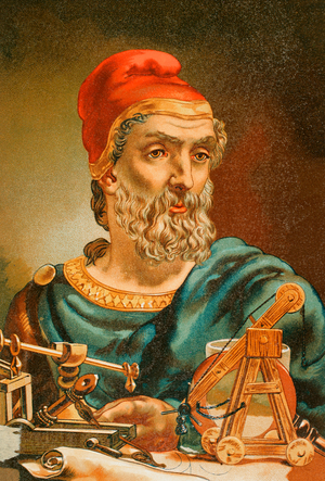 Archimedes, Ancient Greek mathematician and inventor, portrait, 1882 (colour litho)