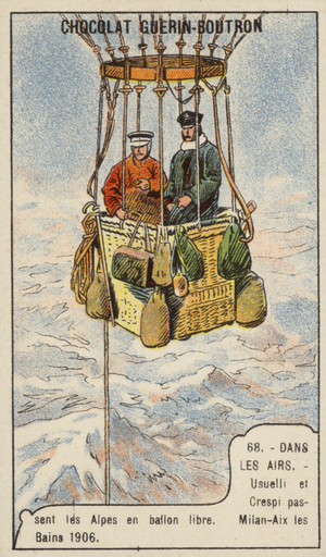 Usuelli and Crespi flying over the Alps by balloon from Milan to Aix-les-Bains, 1906 (chromolitho)