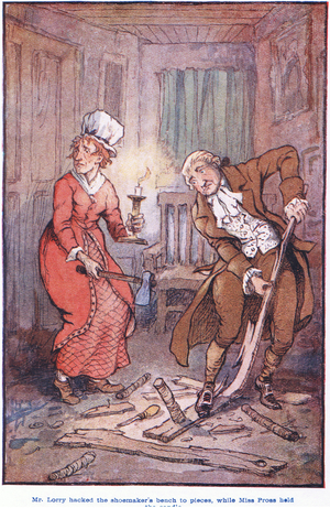Mr Larry hacked the shoemaker's bench to pieces, while Miss Pross held the candle (litho)