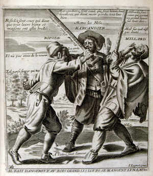 17th century engraved illustration from a collection of proverbs. Paris 1657-1663. By Jacques Lagniet (1620-1675). French engraver. From him many socially critical engravings and mockery pictures such as his sometimes grotesque and fantastic illustrations for a collection of well-known proverbs from the year 1657 come.