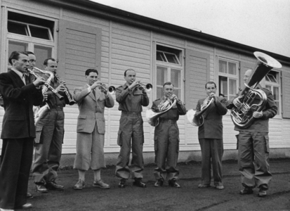 Musicians of the Bundeswehr in Andernach, 1955 (b/w photo)