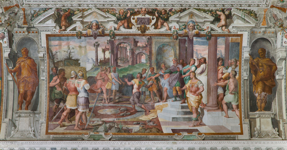 Ulysses' stories: detail of the game of throwing stones at the  Phaeacians' court, c.1560 (fresco) (detail of 3606285)