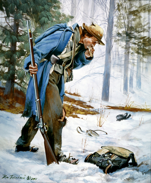 Confederate soldier on the retreat from Nashville, 1864, 2001 (w/c & gouache on paper)