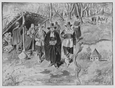 Settlement of Connecticut in 1636 and First Meeting-House (litho)