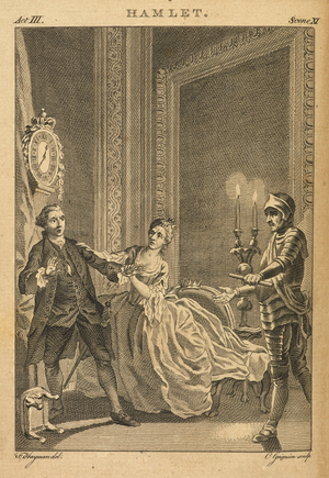 Hamlet. Act 111 Scene IX. Engraving. Three actors playing a scene on stage from Hamlet by William Shakespeare. One woman and two men.