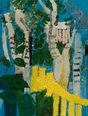 White Trees and Yellow Fence, 1980 (oil & household paint on board)
