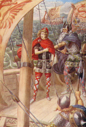 Prince Olaf on board the dragon ship (colour litho)