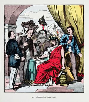 La Libération du Territoire, from Histoire de la Troisieme Republique, Vol. I, l'Histoire Politique, pub.1933 (colour litho)