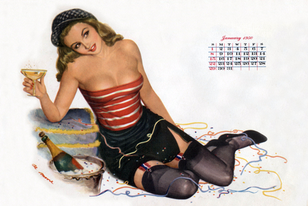 Pin Up celebrating new year with champagne, drawing by Al Moore from Esquire Girl calendar 1950 (January)