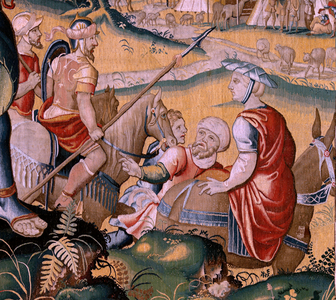 Flemish tapestry. Series The History of Hannibal. The crossing of the Alps (Paso de los Alpes). Second tapestry of those preserved. Models Anonymous master of the Netherlands. Brussels’ manufacture, workshop. Ca 1570. Fabric Wool and silk, 6,5/7 warps per cm. Size 354 x 479 cm. Location Cathedral of Zamora. Origin In the cathedral since the 17th century. On display Cathedral Museum.