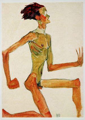 Kneeling male nude, in profile facing right (gouache, watercolor, and black crayon)