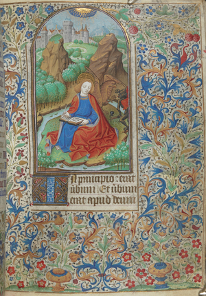 Miniature of John writing, with his symbol, the eagle, warding off a winged demon behind him, with an illuminated initial 'I'(n) and a full foliate border