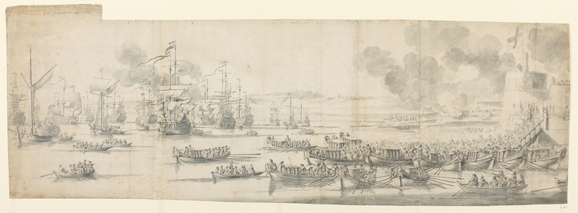 Mary of Modena embarking at Gravesend, 1673 (graphite, black chalk, pen and ink, grey wash, on paper)