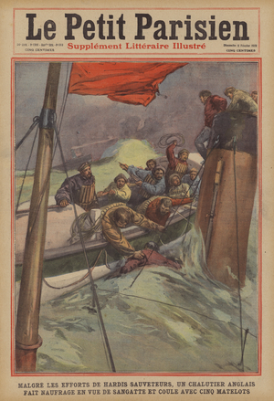 Sinking of an English trawler off the French coast at Sangatte with the loss of five of her crew  (colour litho)