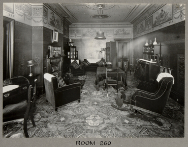 The sitting room in Room 260 at the Royal Bath Hotel, with murals by by John Thomas (1826-1902), 1920-30 (b/w photo)
