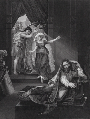 David playing before Saul, 1 Samuel, Ch XVI, vs 16, 23 (engraving)