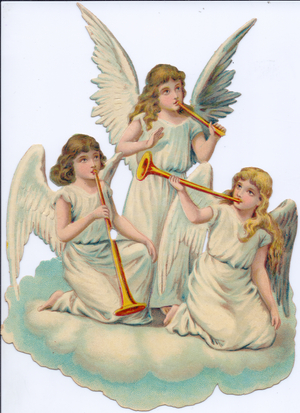 A Victorian Paper Scrap Relief of three angels on a cloud blowing trumpets, c.1880 (colour litho)