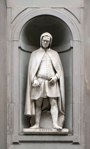 Italy: Giotto (1266 - 1337), Italian painter and architect. 19th century statue outside the Uffizi Gallery, Florence, Italy. Sculpted by Giovanni Dupre