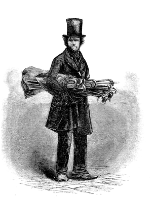 The street seller of walking sticks (engraving)